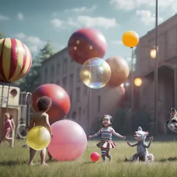 Ultra realistic circus scene. Child’s playing, smile, happy, color bubbles, smooth color, waist up view, Wes Anderson style, a lot of people background, highly detailed, concept art, unreal engine 5, god rays, ray tracing, RTX, lumen lighting, ultra detail, volumetric lighting, 3d, finely drawn, high definition, high resolution.