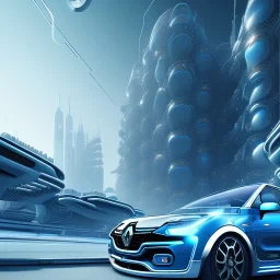 Blue Renault Zoë, EV, futuristic city, zoom