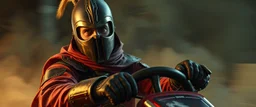 gokart mozart crusader with gloves bewildered looks beyond really powerful, fantasy illustration in the style of Rembrandt, motion blur background