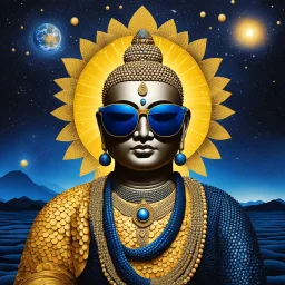 A mysterious and majestic scaly Buddha, adorned with sunglasses, a large collar of wooden pearls, and blue snaky scales, lies contemplatively with his bald head in his hand. His yellow skin radiates an aura of ancient wisdom and cosmic connection, as the gleam of his sunglasses reflects the swirling stars and galaxies around him, hinting at his profound ties to nature and the universe.