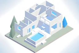 isometric, floor house plan, desolated, empty, abandoned, blue