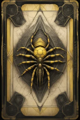 sacred geometry framed playing card on parchment, black and yellow spider queen fractal mummy relief with shadows boss card in the style of Giger and fallout 4 ,,bokeh like f/0.8, tilt-shift lens 8k, high detail, smooth render, down-light, unreal engine