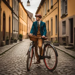 d bicycle, wooden tires, large front wheel, small rear wheel. A young man on a bicycle, vintage clothing. Background old-fashioned cobblestones and houses in the berlage style Award winning photography illustration dynamic lighting 8k, award winning fantastic view portrait, colourful Nikon850