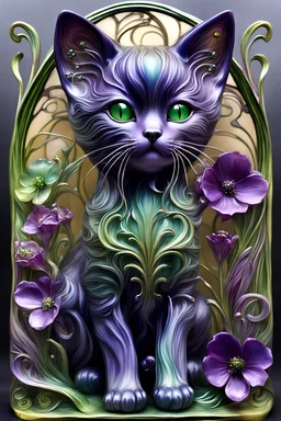 Art Nouveau style, a young kitten with exquisite flowers, some purple and green colors, Blown glass art, insanely detailed.