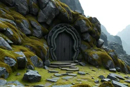 ancient gate in the mountain, 3d model, moss, rocks, dark fantasy