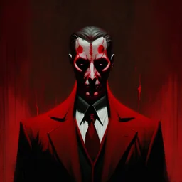 a sinister figure wearing a red suit with a red tie and a priest's clerical collar with no face and dirty slicked back hair