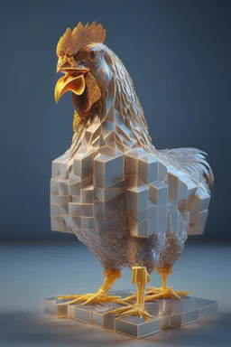 chicken completely made of perfect square cubes, hyper-realisitc cube detials and contours, meticulously intricate perfectly symmetrical extremely detailed, full body and melting details, dramatic pose, portrait, pixiv daily ranking, pixiv, extreme depth of field, artstation, sculpture style, spectacular details, volumetric lighting, masterpiece, cinematic, Hollywood production, 8k resolution high definition, max octane render, vivid colors, unreal engine