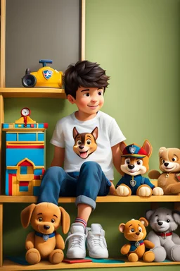 a young boy sitting on a shelf holding a teddy bear, inspired by Ayshia Taşkın, paw patrol, viral photo, medical background, inspired by Farel Dalrymple, press release, 5 years old, bian luan, video, brainwashing, shirt, h 6 4 0, description, uncropped, game maker, baki