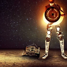 cyborg one man band, instruments, full moon background center large, steampunk style, horizontal image, 3d, hd