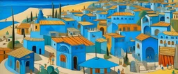 A blue village near a beach designed in ancient Egyptian pottery painted by Diego Rivera