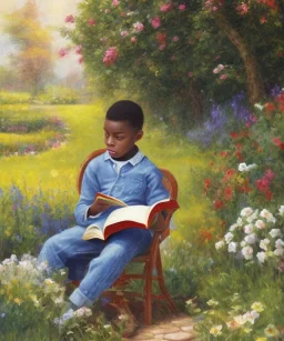 Abstract painting wealthy young african American boy reading in garden