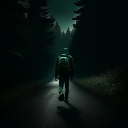 a lonely figure with a backpack, leaving a metropole, on a road, into a forest, photo quality, dark green light