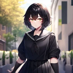 Clear focus, High resolution, fluffy black short hair, dark green eyes, wearing a black sailor uniform and pleated black skirt, fluffy hair, detailed outfit, wearing red eyelashes