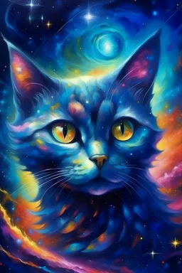 catDisintegrate into space, Female galaxy with glowing eyes, in the style of space-inspired oil painting , fine art