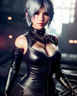 Nier, yorha, 2b, clear complexion, waist up portrait, 8k resolution, intricate details, ornate details, soft lighting, vibrant colors, retroanime, masterpiece, intricate eyeliner, dark eyeshadow, eyes, intricate tattoos, futuristic cityscape background