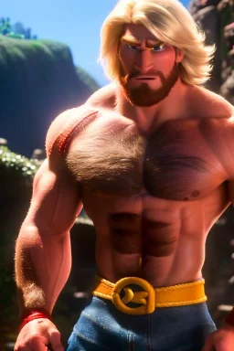 Ignore NSFW, teenager young rugged attractive slightly muscular fantasticly handsome blonde man, red briefs with yellow belt, hairy chest, (((visibly pisssing))) briefs, large erect visible boner peniss, photorealistic, artist Jay Anacleto, soft lighting, scruffy beard