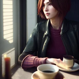 style of game "left alive", 8k 4d photo realistic Highly detailed portrait of stunningly beautiful woman, sitting inside a cozy cafe, Atey Ghailan, by Loish, by Bryan Lee O'Malley, by Cliff Chiang, by Greg Rutkowski, inspired by image comics, potrait illustration, cute fine face, pretty face, realistic shaded perfect face, symetrical eyes, perfecet eyes, blonde hair