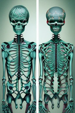 Surreal couple made of metal skeletons with flowering vines growing through; wearing blue gray green striped business suits with paisley shirts and ties; surreal, intricately detailed, beautiful, colorful, vibrant