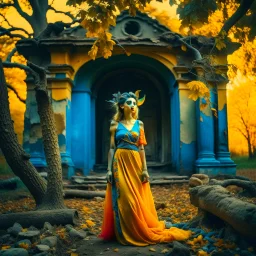 Photo of an odd being, bright colors, odd fashion, award winning photography, odd pose, trees, very accentuated details of the dress and skin, eerily mysterious, artistic photo, shot on Hasselblad, high definition, high resolution, 8k, 3d render, very detailed, F/2.8. Background ruins, after a war, noon-light, odd