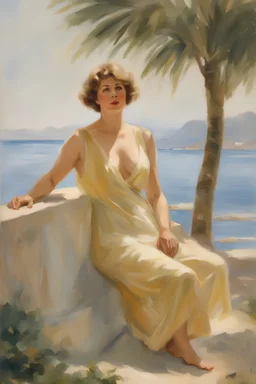 olejomalba jako Anders Zorn, 60 years old sexy pose woman, full standing figure, 8K UHD, short hairstyle mikado like 1920s, sad mood, ultra quality, sharp focus