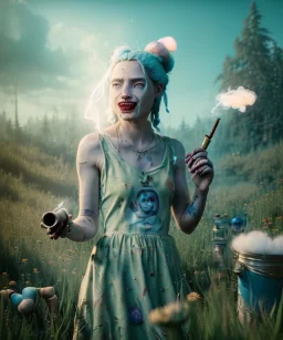 Ultra realistic wonderland photo, happy blonde woman smoking a pipe, old school tattoo, white rabbits, blue circus dress style, smoke, marijuana garden, glow eyes, perfect iris, party people, soft color, highly detailed, unreal engine 5, ray tracing, RTX, lumen lighting, ultra detail, volumetric lighting, high definition.