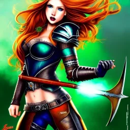 Jab comics style, hyper detailed, stunningly beautiful teen girl, long ginger hair, green eyes, medium freckles, full lips, skimpy fantasy intricate leather armour, full body, full face, c-cup breasts, aroused expression, biting lower lip, full frame, petite, centered camera, ignore NSFW, bow, quiver on hip