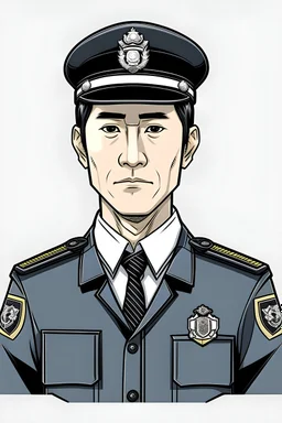 Illustration of 40 year old Japanese male detective with black hair and Japanese police badge, front view, grey background