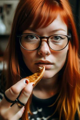 girl with ginger hair in a fringe with glasses and a septum piercing eating a toastie