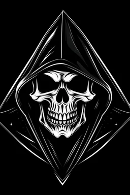 comedic skeleton in a black hooded cloak drawn in a retro vector mascot style, inside a diamond shape on a black background, monochromatic