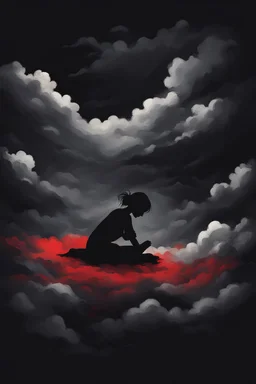 Silhouette, a girl sleeping in the clouds, moody sad dark atmosphere, black background, dark paintbrush, Red over black, 2D