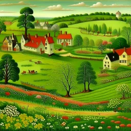 A green grassy town with flowers painted by Edward Hicks