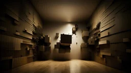 An abstract conceptual artwork of four blank walls in space, each representing a different emotion or aspect of life. The first wall exhales a sigh, symbolizing melancholy or a deep breath of relief. The second wall produces a whirring motion, indicating the cogs of progress or machinery at work. The overall scene is enveloped in a serene atmosphere, with a minimalistic aesthetic that allows the viewer to interpret the meaning and emotions behind each wall.