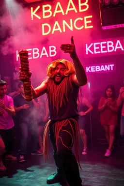 An "Kebab man" performing at dance club, his name is "Kebab man" and looks crazy, Kebab rolls in folie on stage, Neon lights and smog, "KEBAB DANCE" SIGN ON WALL