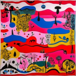 Magenta psychic wetlands near a beach designed in medieval tapestry painted by Joan Miro