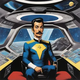 [Pin-Up Illustration Original Art (Marvel, 1977)] a surreal scene unravels aboard the starship. Dali in Star Trek uniform, with his iconic mustache twisted in a way that defies logic, sits in the captain's chair, his gaze fixed on the terminal before him. The colors of the room seem to shift and warp, mirroring the artist's unique style. Time itself appears to bend around him as he delves into the intricacies of the mysterious device. he wears dark boots. With each tap of his fingers on the term