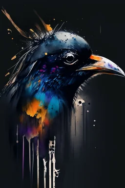 abstract painting, watercolor, full color, black background, 8k resolution, splashed, varied brushstrokes, bird head look down and bird eyes look across