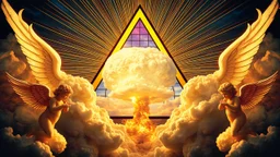 a nuclear explosion cloud(middle) framed from behind by a triangle of stained glass surrounded by radiant lines from the center, the wind and smoke from the explosion forming shapes of attractive dancing women and cherubs with small angel wings(left and right foreground) like cherubs in the clouds, religiose art, angelic light
