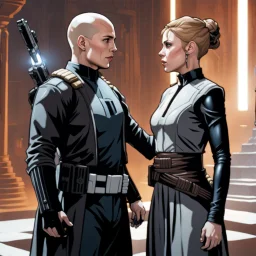 a bold and heroic bald male Corellian pilot in black and grey First Order special forces gear meets a female Jedi Master in ancient, mystical temple, hyperdetailed, dynamic lighting, hyperdetailed background, 8k resolution, volumetric lighting, light skin, fully symmetric details