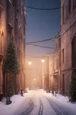 Italy street, Realistic night christmas, snow, 4k, big tree christimas