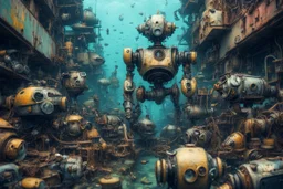 Junk city underwater, street view, many robots, macro photography,