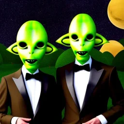 Portrait of two aliens wearing tuxedos with an idyllic countryside manor background