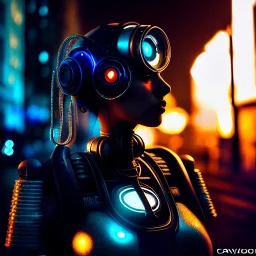 fullbody portrait,beautiful female robot, intense stare, sad eyes, post-apocalyptic in a cyberpunk city, realistic, intriacte detail, sci-fi fantasy style, volumetric lighting, particles, highly detailed ,cinamatic , deep colours,8k, by Caravaggio