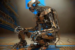 contradiction skipping a presumed egoist overload over subsystem, weak zero, absurd vibe, a # 72, Matt Jones, swoosh dynamics, unexpected improbability, old rusty scrappy robot sitting with a cane, amazing reflections