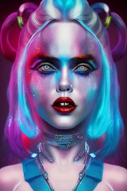 face Danish Singer MØ harley quinn cyberpunk, blue tones, high lighting