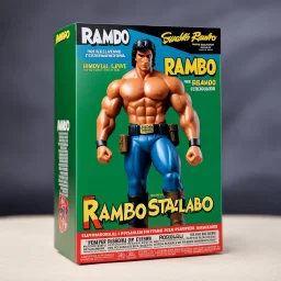 A photograph of a pristine action figure encased in its packaging, evoking a sense of collectible wonder, styled after a vintage toy advertisement. The box prominently displays "Rambo" in bold, stylized lettering, with the action figure inside clearly resembling Sylvester Stallone as Rambo, possessing his iconic features and a lean, athletic build, confidently holding a pistol and a knife