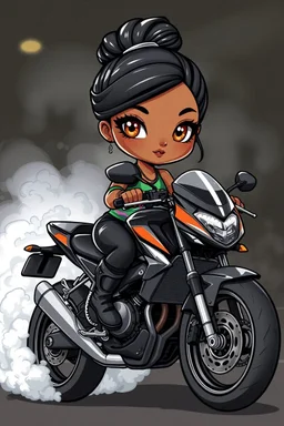 Create a urban art illustration of a chibi cartoon full figure black female riding a sports motorcycle. She is wearing tie dye and black tights with biker boots. Prominent make up with log lashes and hazel eyes. Extremely highly detailed black shiny wavy hair up in a messy bun. Background of smoke surrounding her and the bike and she's at a bike show.