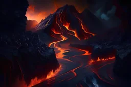 A mesmerizing, volcanic landscape with rivers of glowing lava flowing through jagged, obsidian formations, creating a striking contrast of light and darkness.