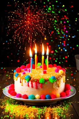 birthday cake with confetti and fireworks in the background