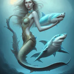 sango fantasy, fantasy magic, intricate, sharp focus, illustration, highly detailed, digital painting, concept art, matte, artgerm and paul lewin and kehinde wiley, masterpiece sexy lips Asian lady fish body mermaid turquoise space lady beach sea under water great white shark mermaid