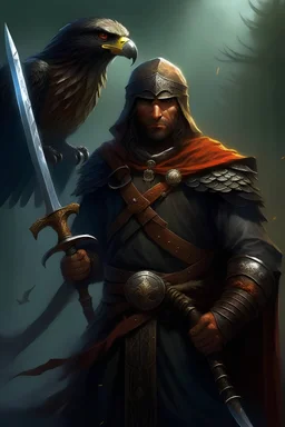 Mistrz kontroli, strażnik mocy, silny i mądry mężczyzna sokół miecz chroni przed upadkiem
